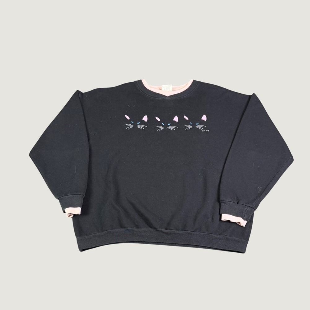 Vintage 90s Bay Bridge Cat Graphic Sweatshirt Black Pink Double Collar XL USA